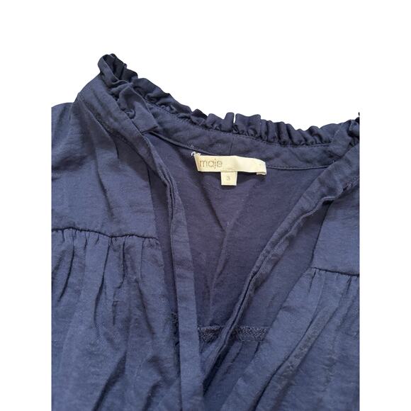 Maje Navy Blue Tie Neck Long Sleeve Ruffle Mini Dress Size 3 - Picture 4 of 9